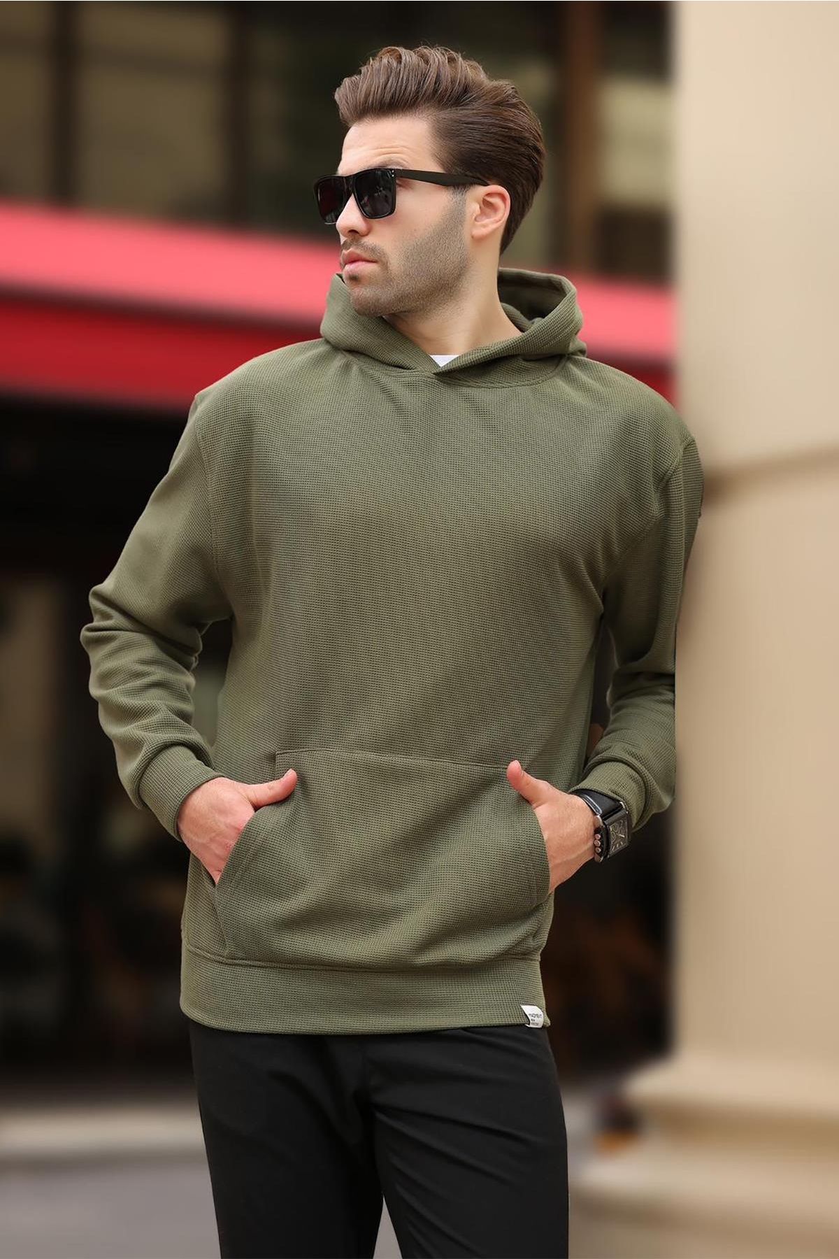 Haki Kapüşonlu Cep Detaylı Sweatshirt 7095