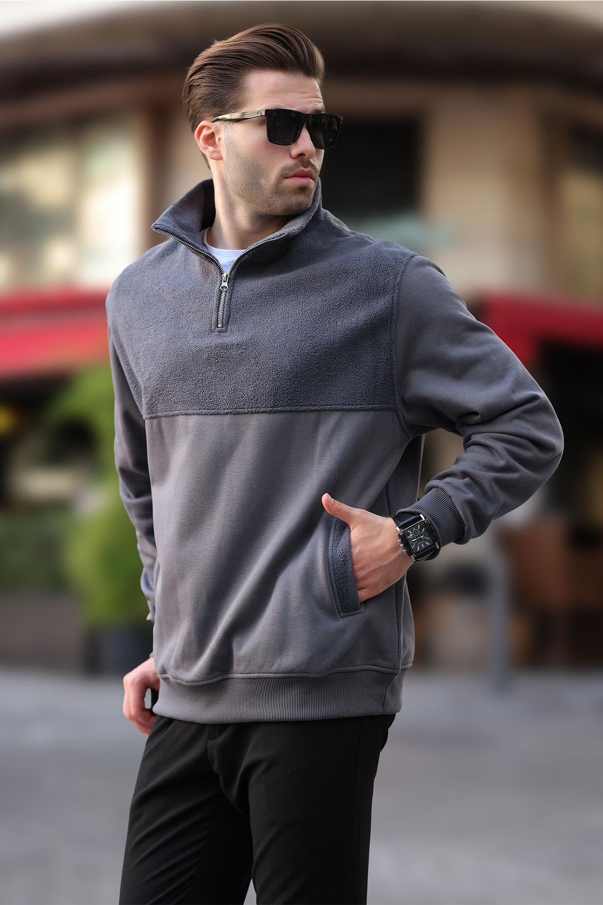 Füme Dik Yaka Yarım Fermuarlı Polar Sweatshirt 7096