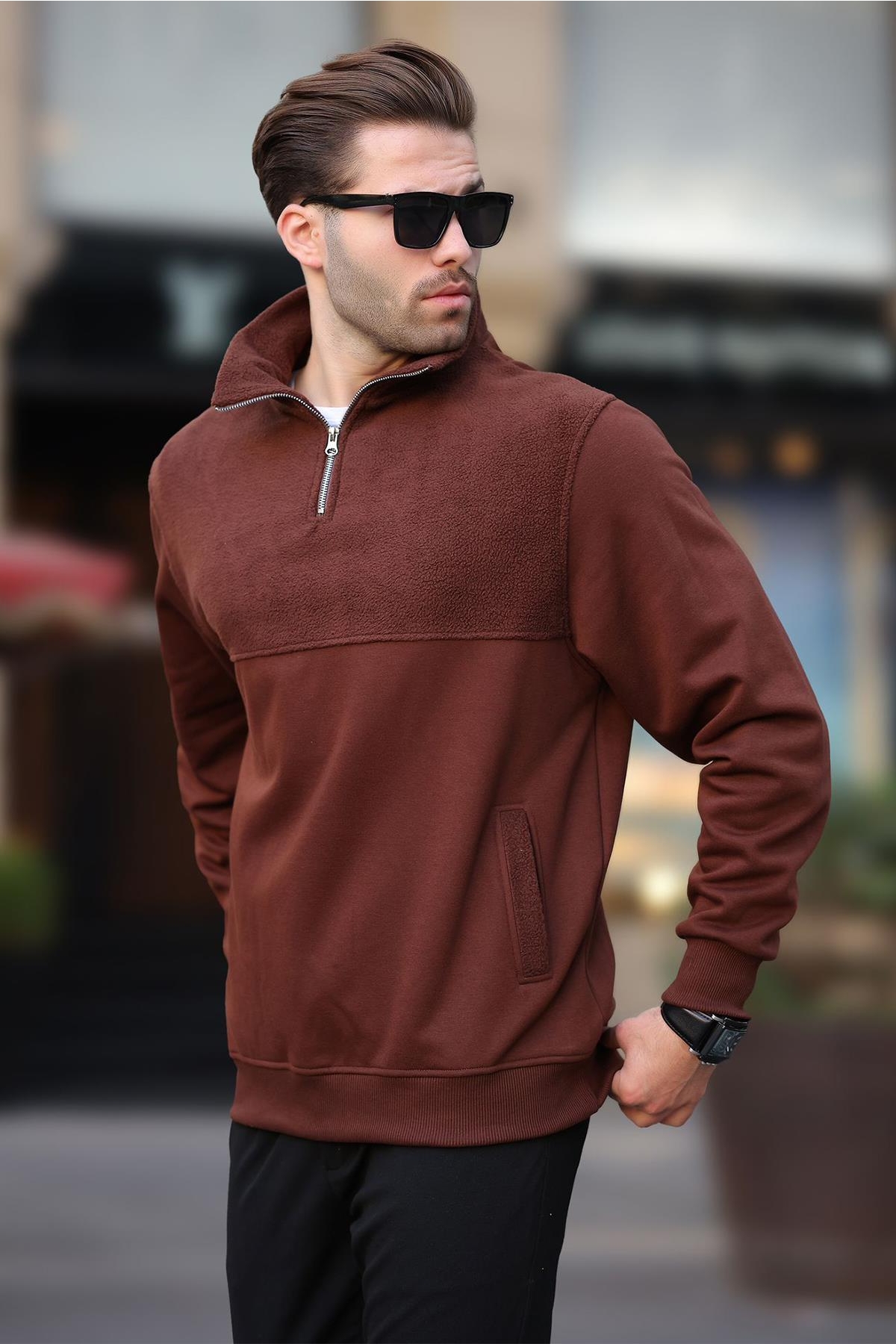 Acı Kahverengi Dik Yaka Yarım Fermuarlı Polar Sweatshirt 7096