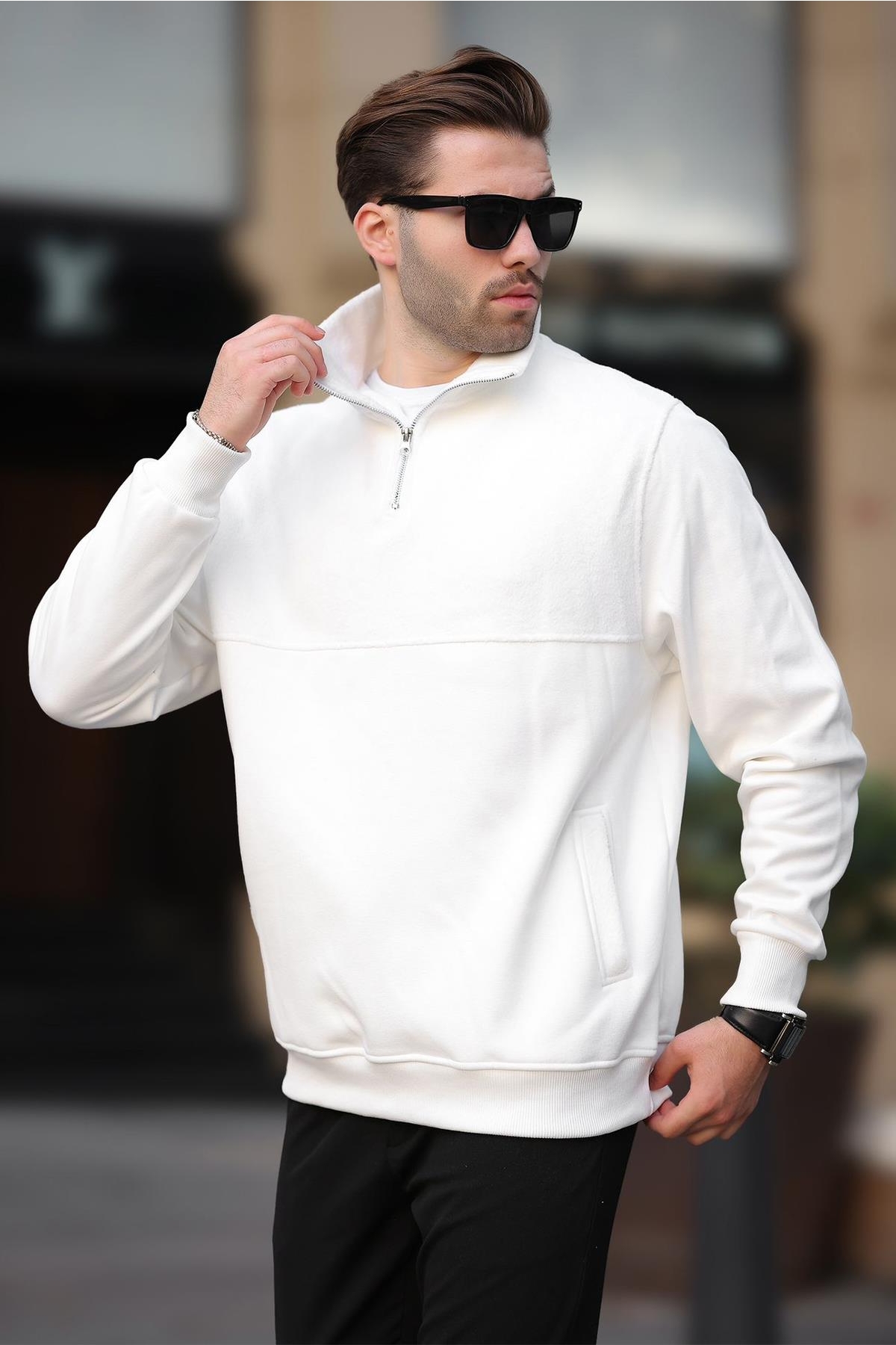 Ekru Dik Yaka Yarım Fermuarlı Polar Sweatshirt 7096