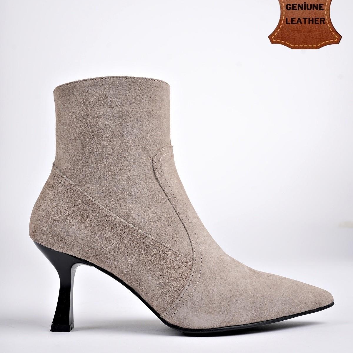 MuggoNATALİE Garantili Hakiki Deri Sivri Burun Fermuarlı İnce Topuklu Kadın Bot