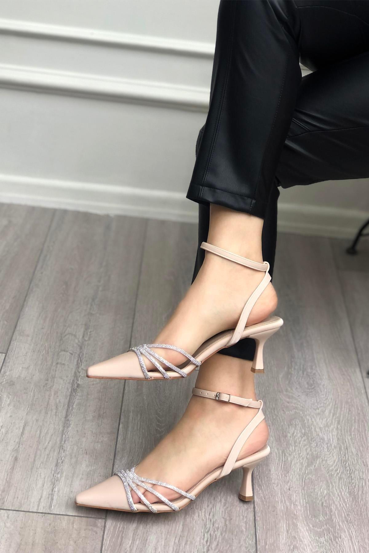 145 Kadın Taşlı Arkası Açık 6 Cm Topuklu Ayakkabı - Görsel 5