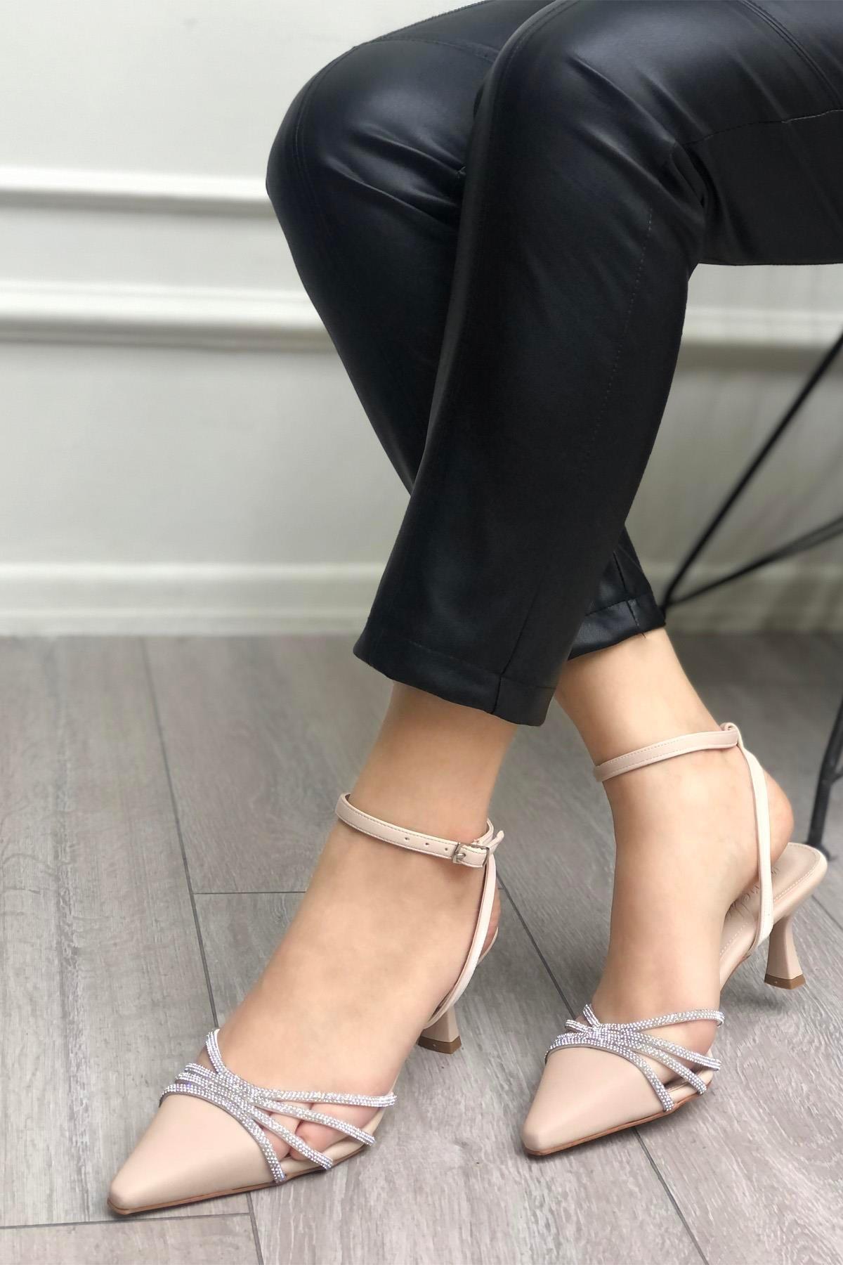 145 Kadın Taşlı Arkası Açık 6 Cm Topuklu Ayakkabı - Görsel 6