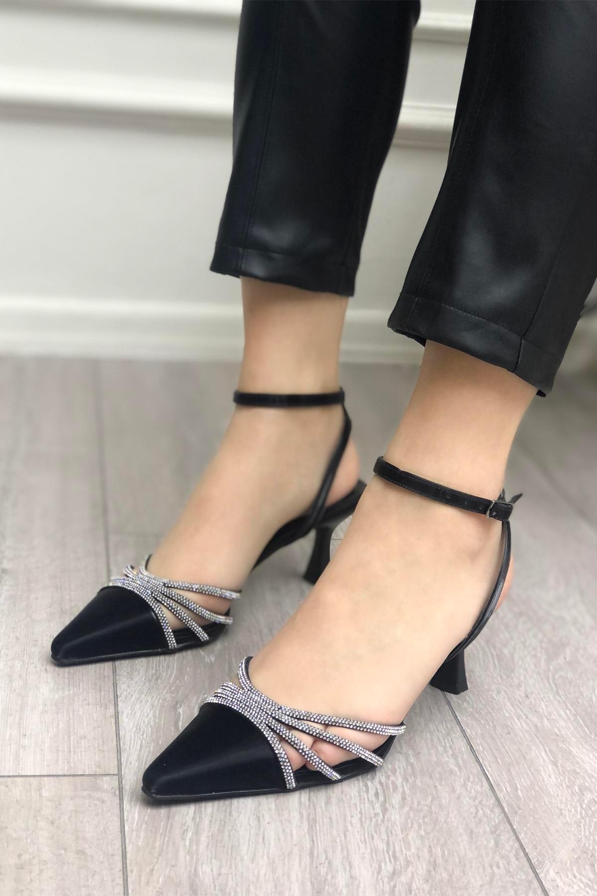 145 Kadın Taşlı Arkası Açık 6 Cm Topuklu Ayakkabı - Görsel 4