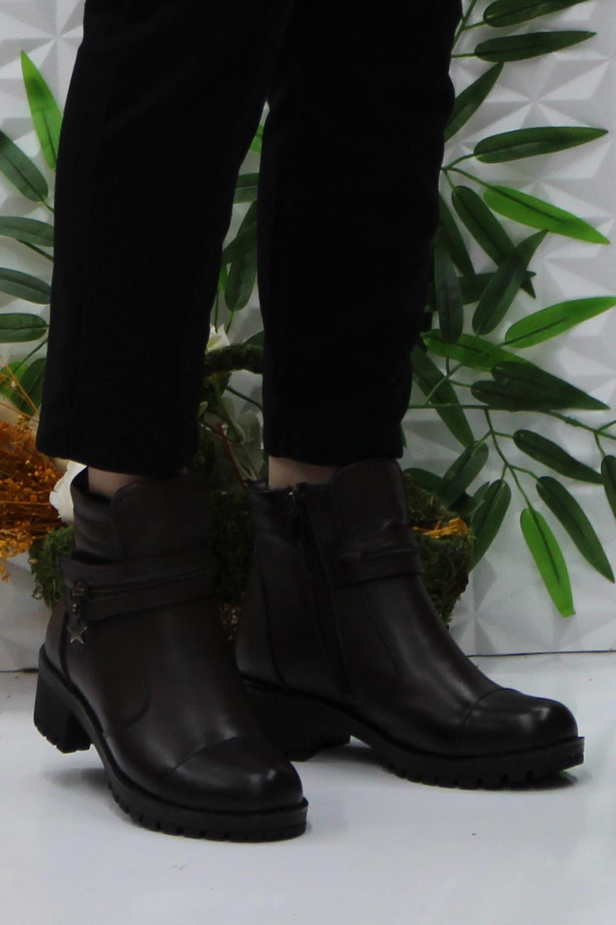 42836 Kahve Orijinal Hakiki Deri İçi Kürklü Kaymaz Taban Kadın Bot - Görsel 3