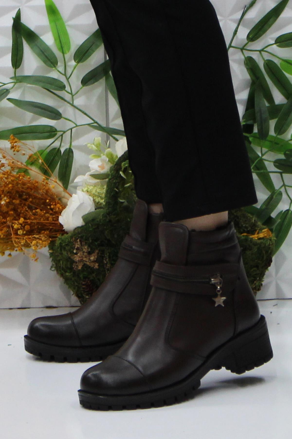 42836 Kahve Orijinal Hakiki Deri İçi Kürklü Kaymaz Taban Kadın Bot - Görsel 4