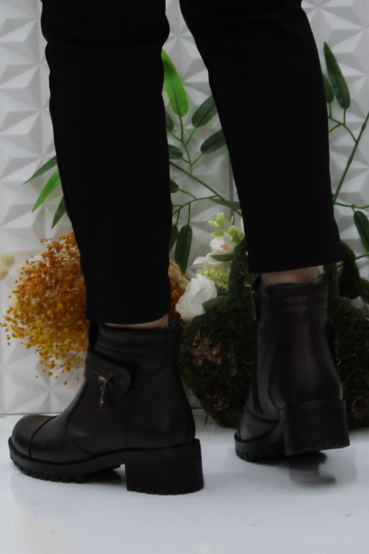 42836 Kahve Orijinal Hakiki Deri İçi Kürklü Kaymaz Taban Kadın Bot - Görsel 5