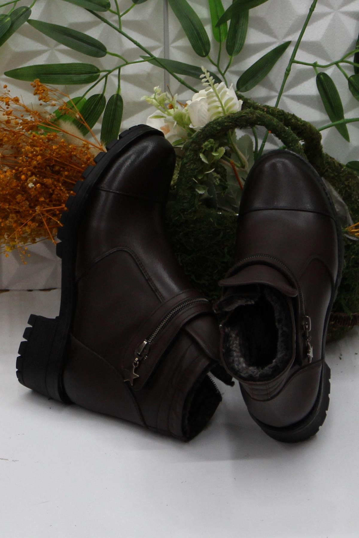 42836 Kahve Orijinal Hakiki Deri İçi Kürklü Kaymaz Taban Kadın Bot - Görsel 6