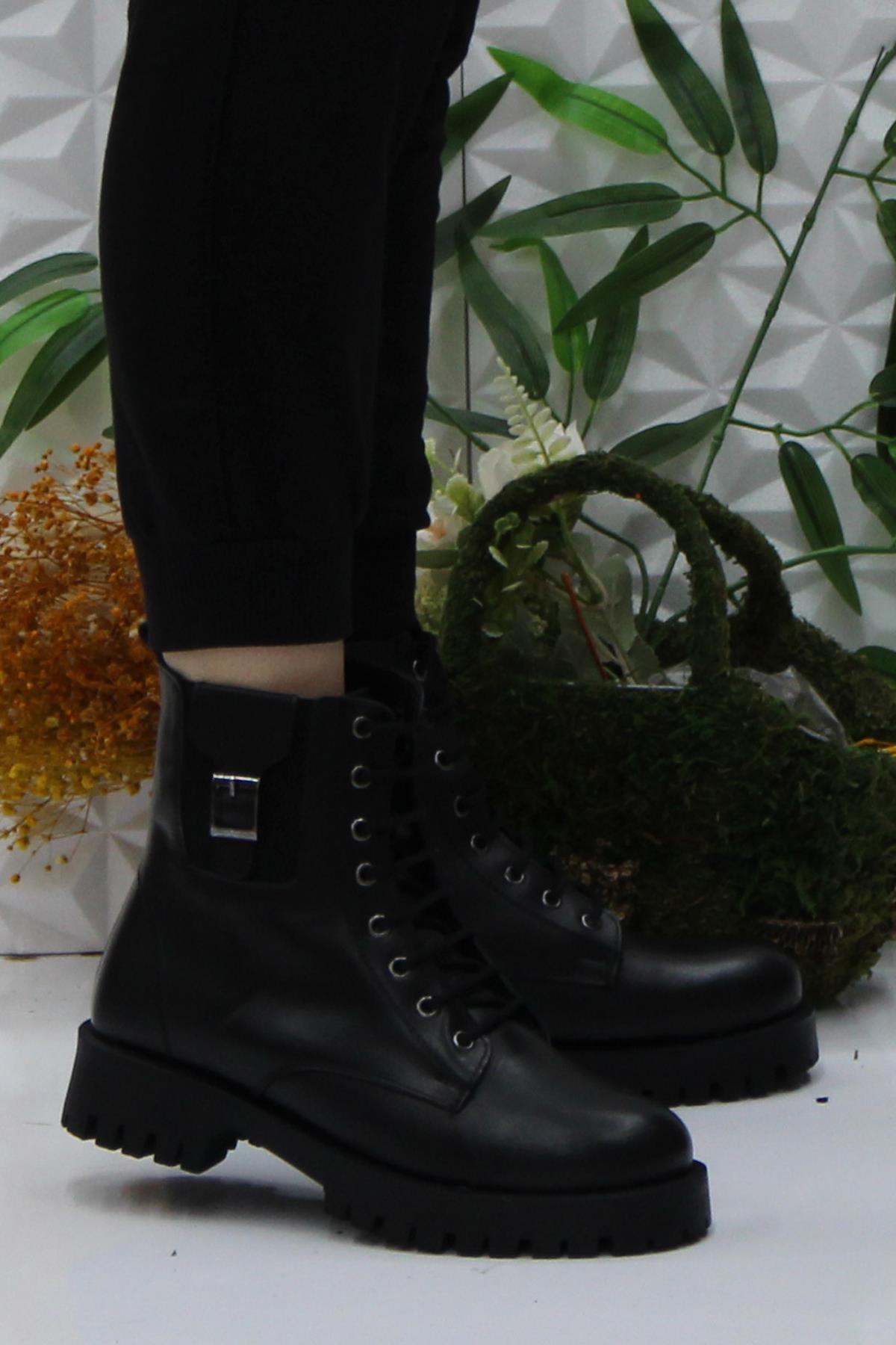 32851 Siyah Rahat Kaymaz Taban Hakiki Deri Kadın Bot - Görsel 2