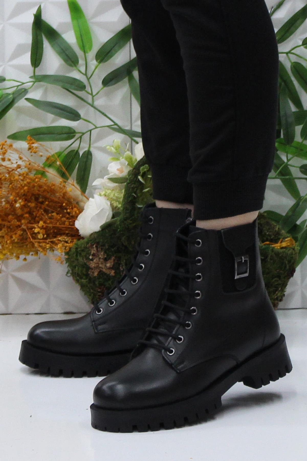 32851 Siyah Rahat Kaymaz Taban Hakiki Deri Kadın Bot - Görsel 4