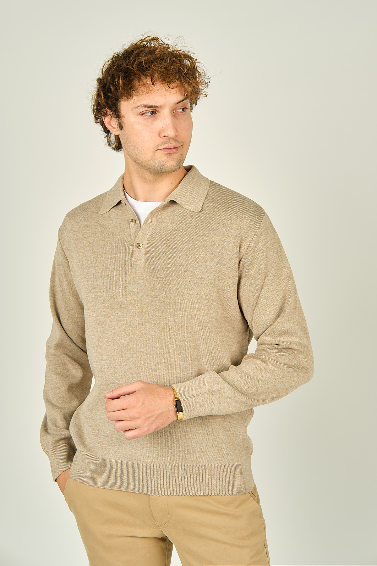 [最安] flexwitme underground yoko polo Erkek Polo Yaka Düğmeli Yün Kazak 6091023 Bej Fiyatları