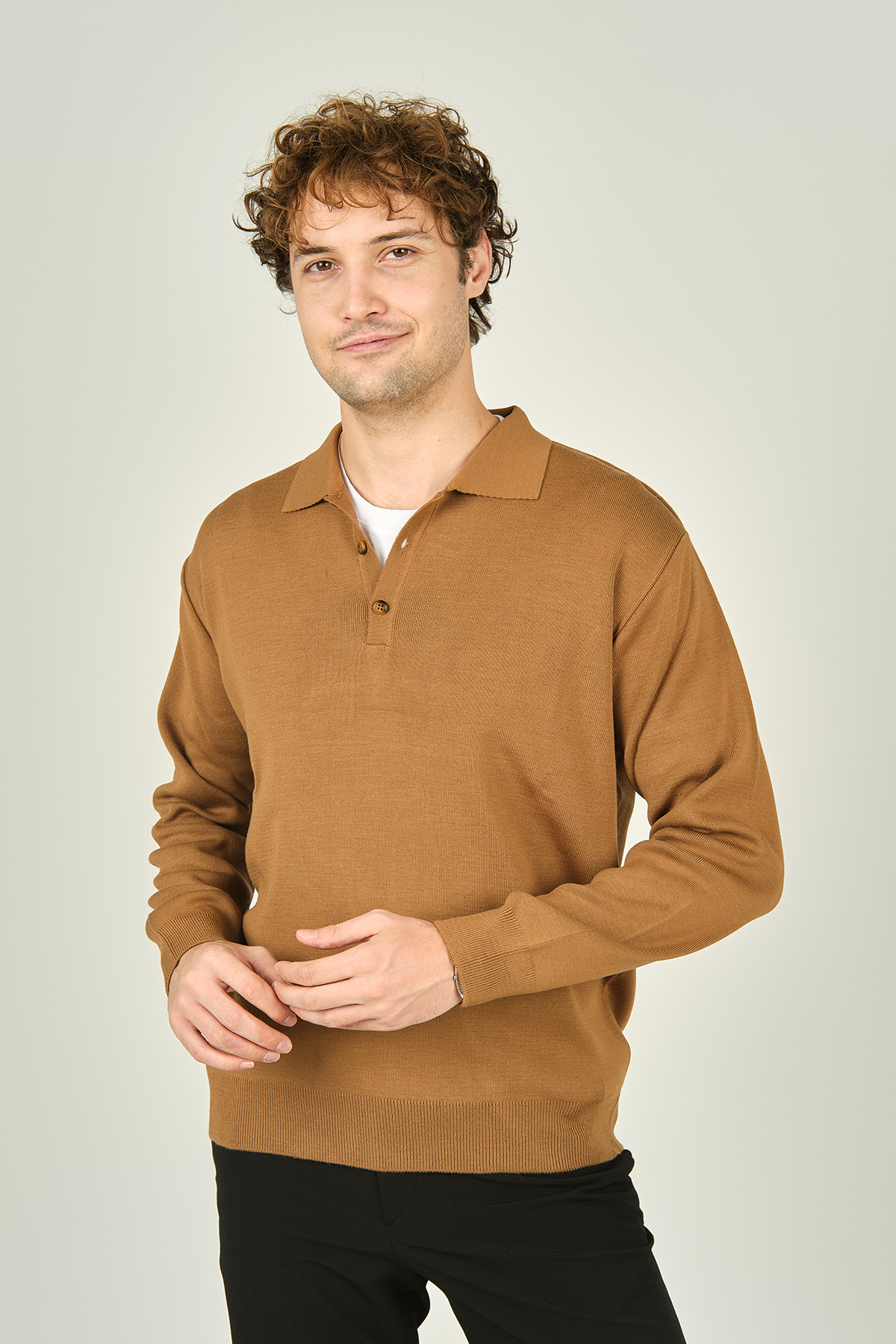 Erkek Polo Yaka Düğmeli Yün Kazak 6091023 Camel Fiyatları | Flo