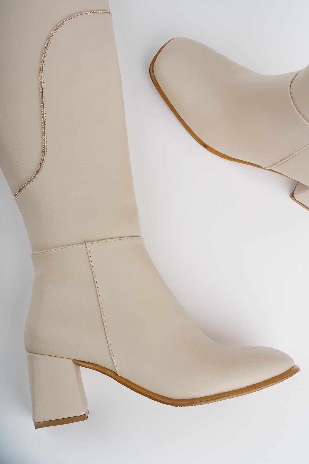 VENTARUS Garantili Küt Burun Taş Detaylı Topuklu Kadın Çizme - Görsel 4