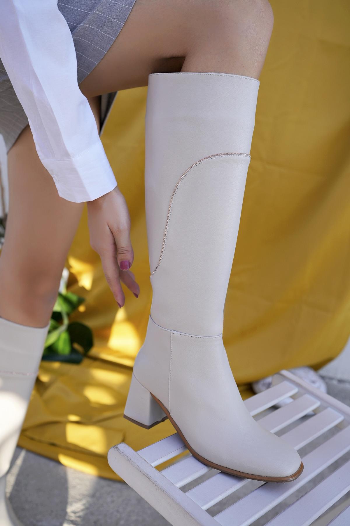 VENTARUS Garantili Küt Burun Taş Detaylı Topuklu Kadın Çizme - Görsel 7