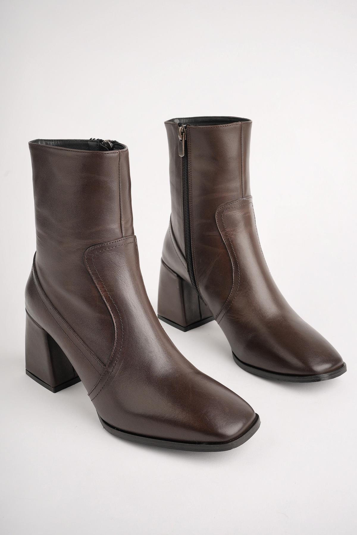 ADELA Garantili Hakiki Deri Kare Burun Fermuarlı Topuklu Kadın Bot - Görsel 3