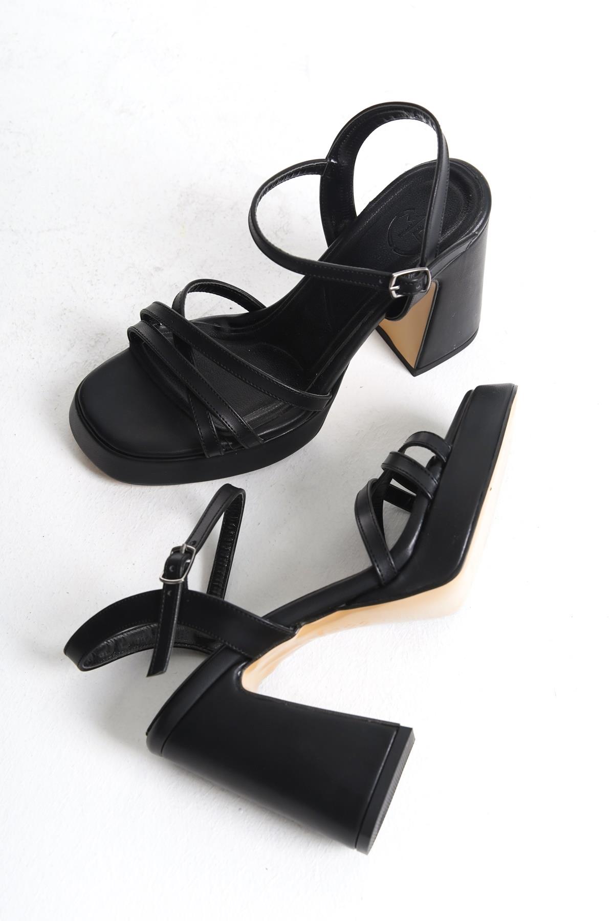 Olga Siyah Saten Kalın Platfrom Topuklu Çapraz Bantlı Ayakkabı - Görsel 3