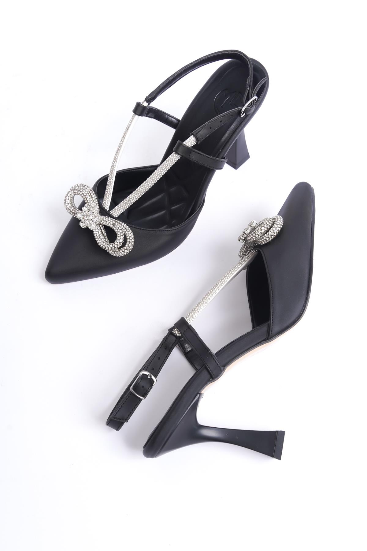 Bowtie Siyah Saten Taşlı Stiletto Abiye Ayakkabı - Görsel 3