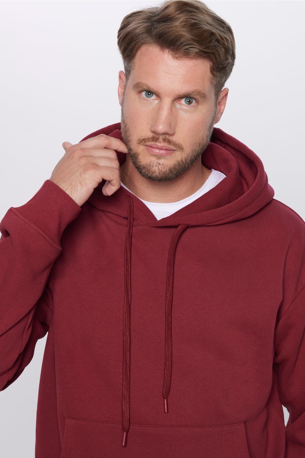 Unisex Oversize Geniş Kesim Pamuklu Yumuşak Dokulu İçi Polarlı Basic Bordo Kapüşonlu Sweatshirt