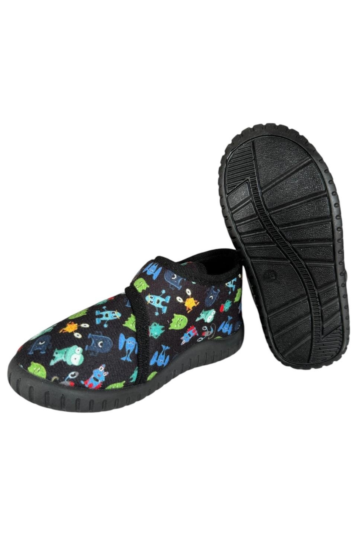 Tematik Cırtlı Çocuk Panduf Okul Kreş Ev Ayakkabısı Kaydırmaz Taban SİYAH - YEŞİL - Görsel 4