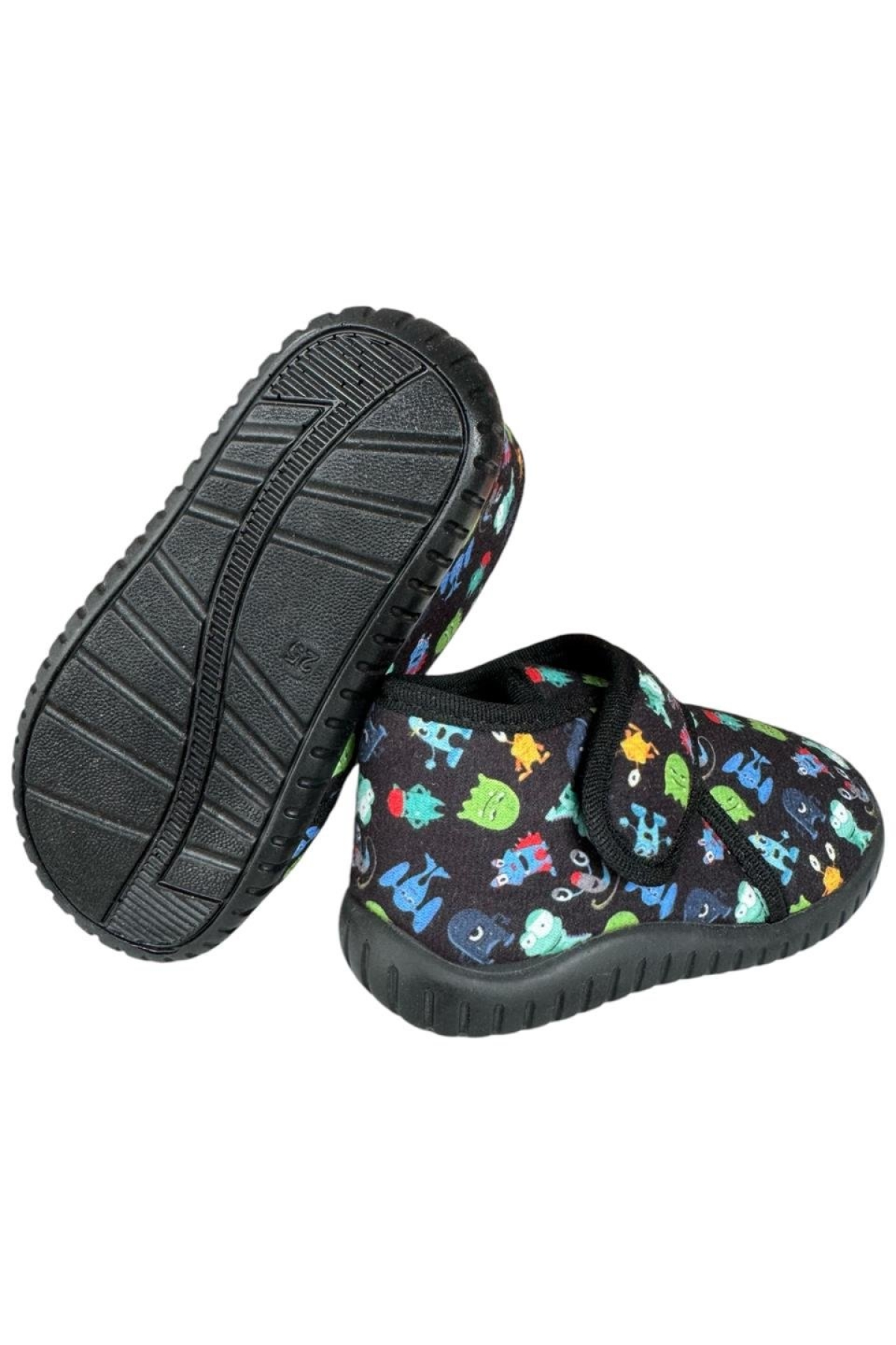 Tematik Cırtlı Çocuk Panduf Okul Kreş Ev Ayakkabısı Kaydırmaz Taban SİYAH - YEŞİL - Görsel 6