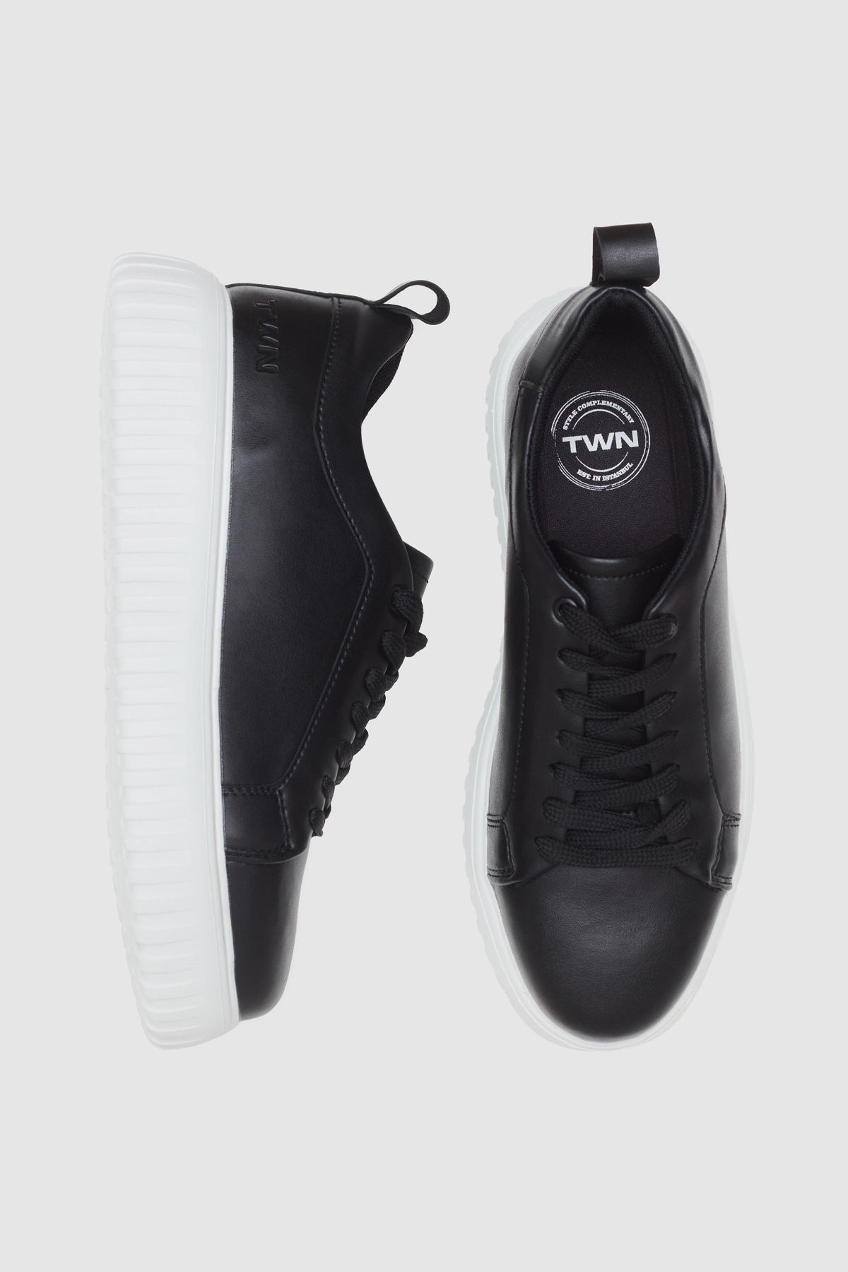 Siyah Kalın Beyaz Tabanlı Bağcıklı Sneaker Ayakkabi - Görsel 5