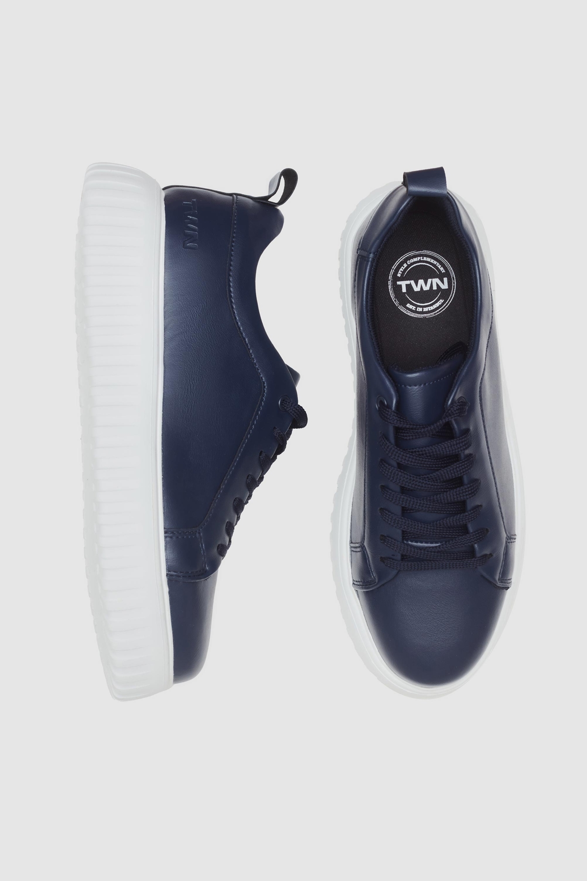 Lacivert Kalın Beyaz Tabanlı Bağcıklı Sneaker Ayakkabi - Görsel 5