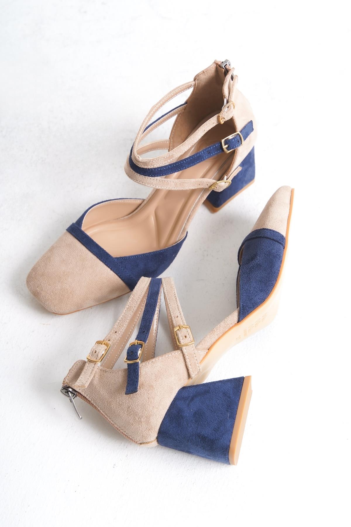 Kissbell Lacivert ve Ten Süet Kalın Topuklu Klasik Ayakkabı - Görsel 3