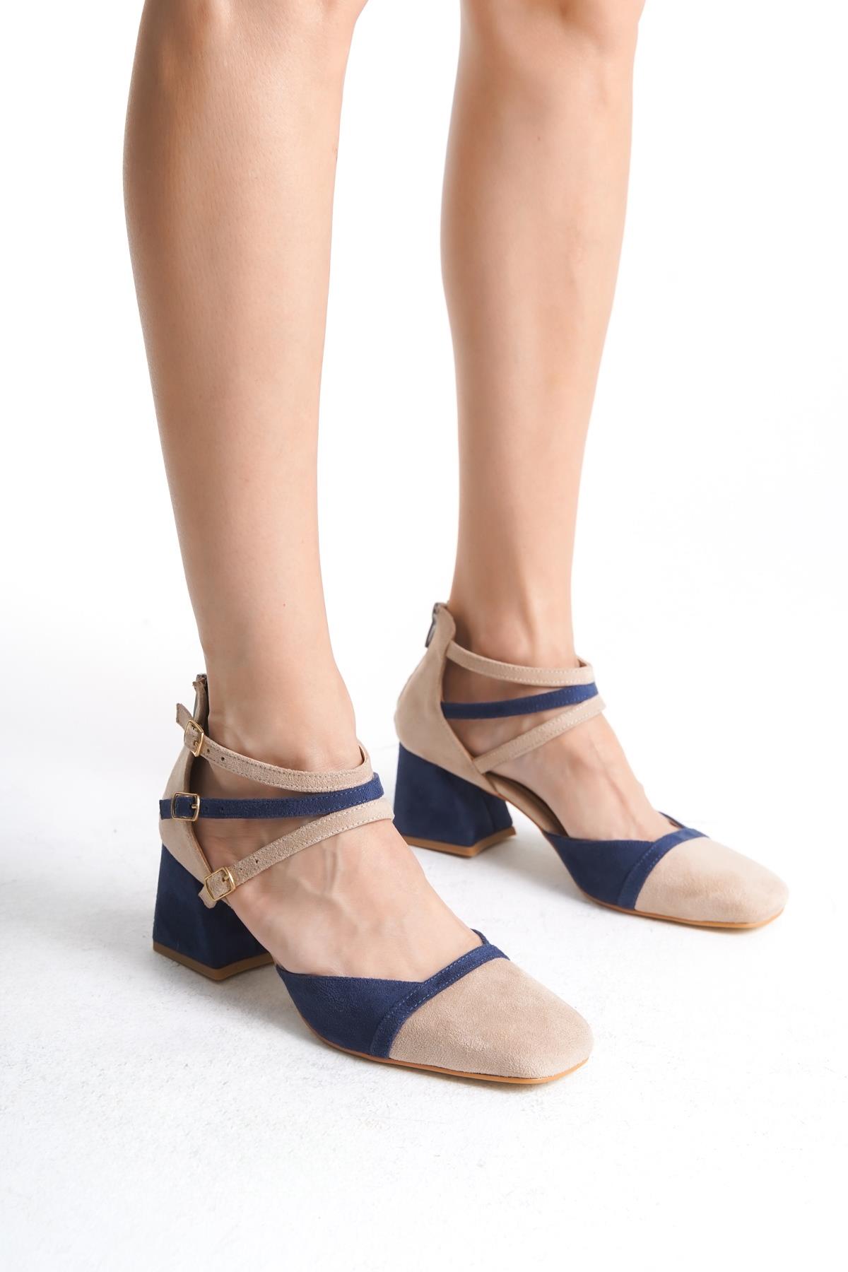 Kissbell Lacivert ve Ten Süet Kalın Topuklu Klasik Ayakkabı - Görsel 4