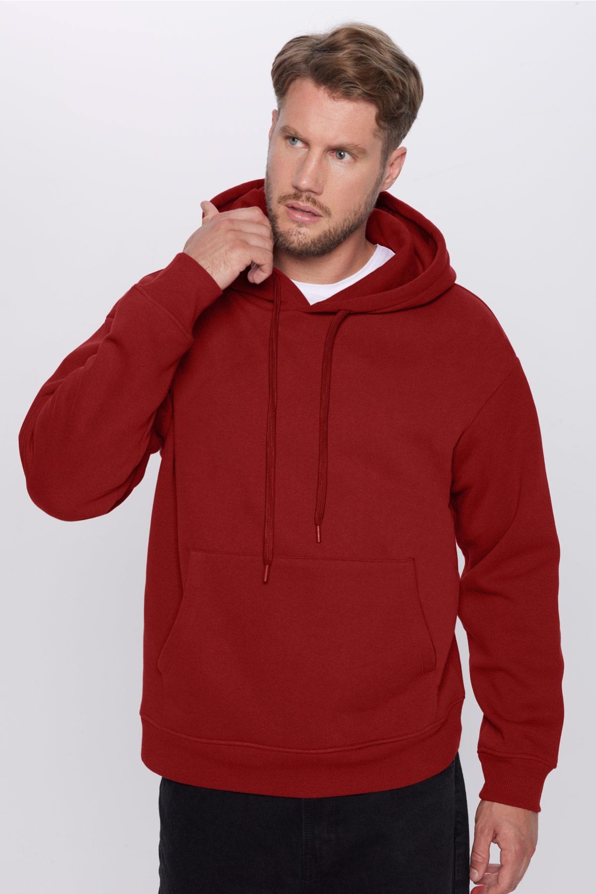 Unisex Oversize Geniş Kesim Pamuklu Yumuşak Dokulu İçi Polarlı Basic Bordo Kapüşonlu Sweatshirt