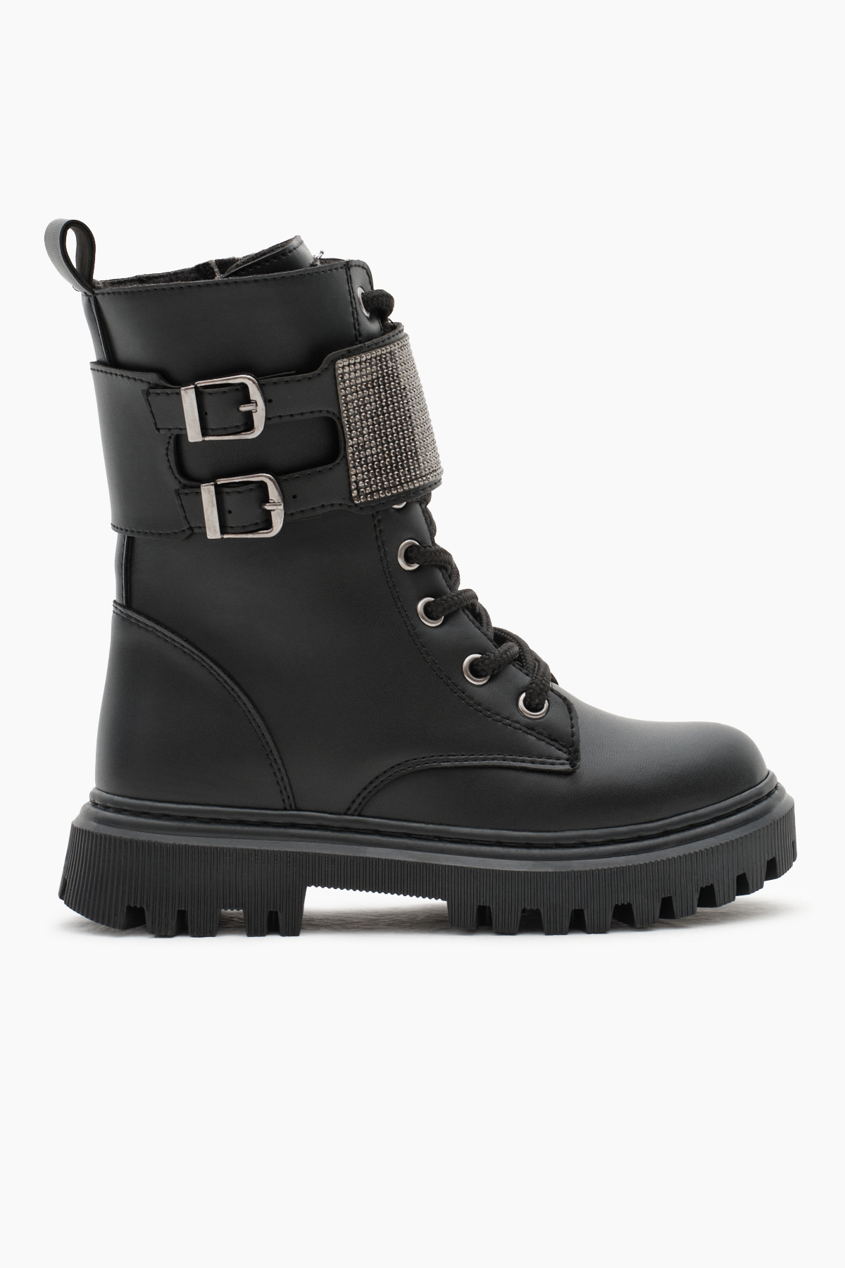 Kız Çocuk Siyah Cilt Termo Taban Taş Detaylı Çift Tokalı Bağcıklı ve Fermuarlı Cırtlı Bot - Görsel 3