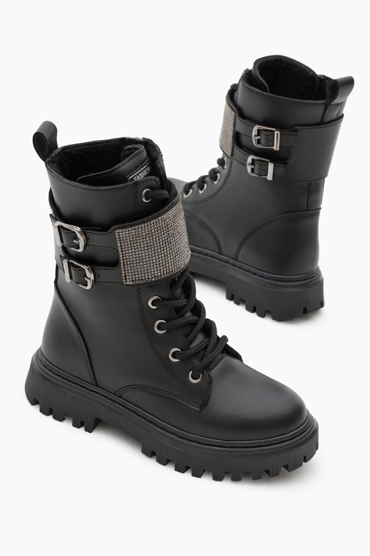 Kız Çocuk Siyah Cilt Termo Taban Taş Detaylı Çift Tokalı Bağcıklı ve Fermuarlı Cırtlı Bot - Görsel 4