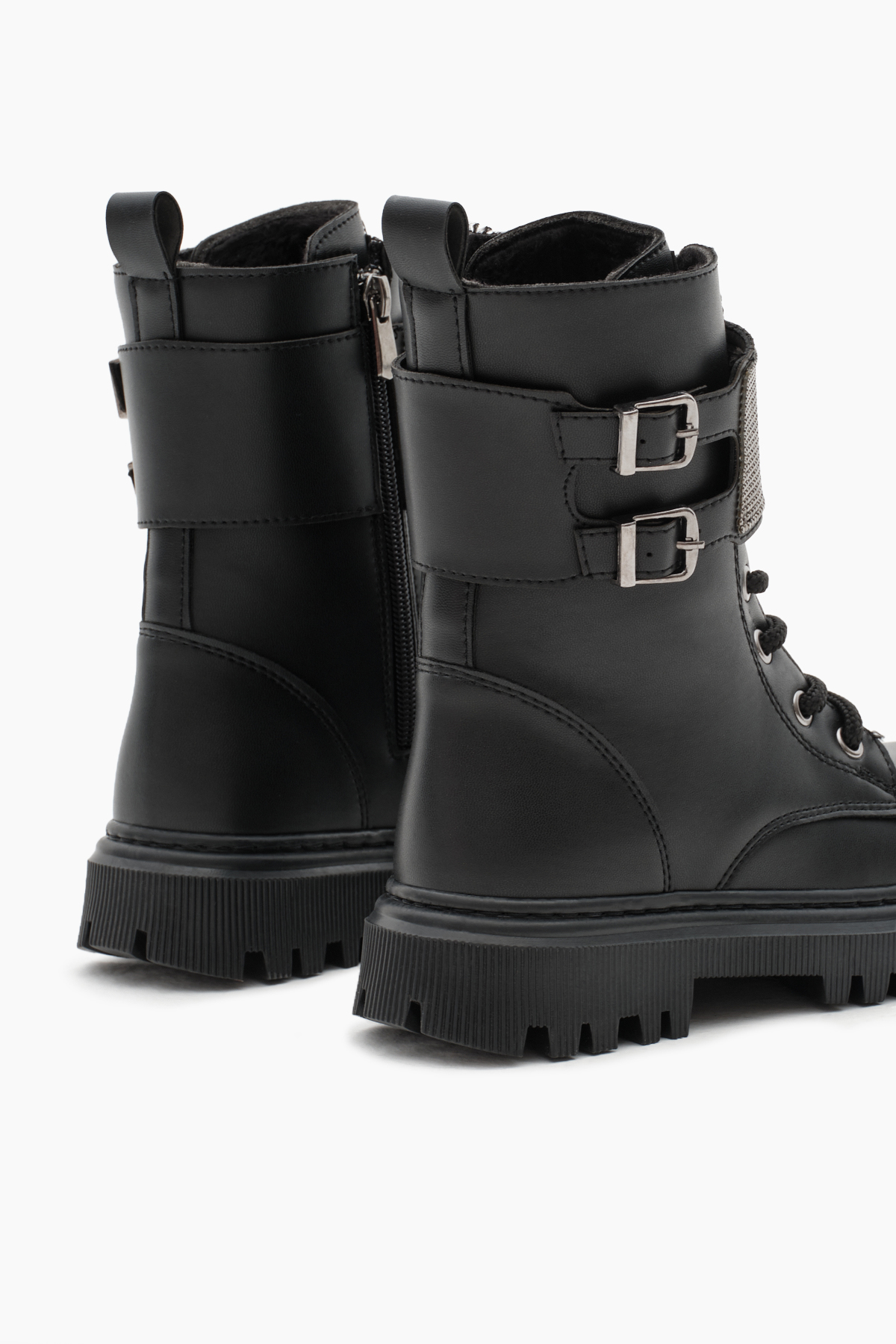 Kız Çocuk Siyah Cilt Termo Taban Taş Detaylı Çift Tokalı Bağcıklı ve Fermuarlı Cırtlı Bot - Görsel 6