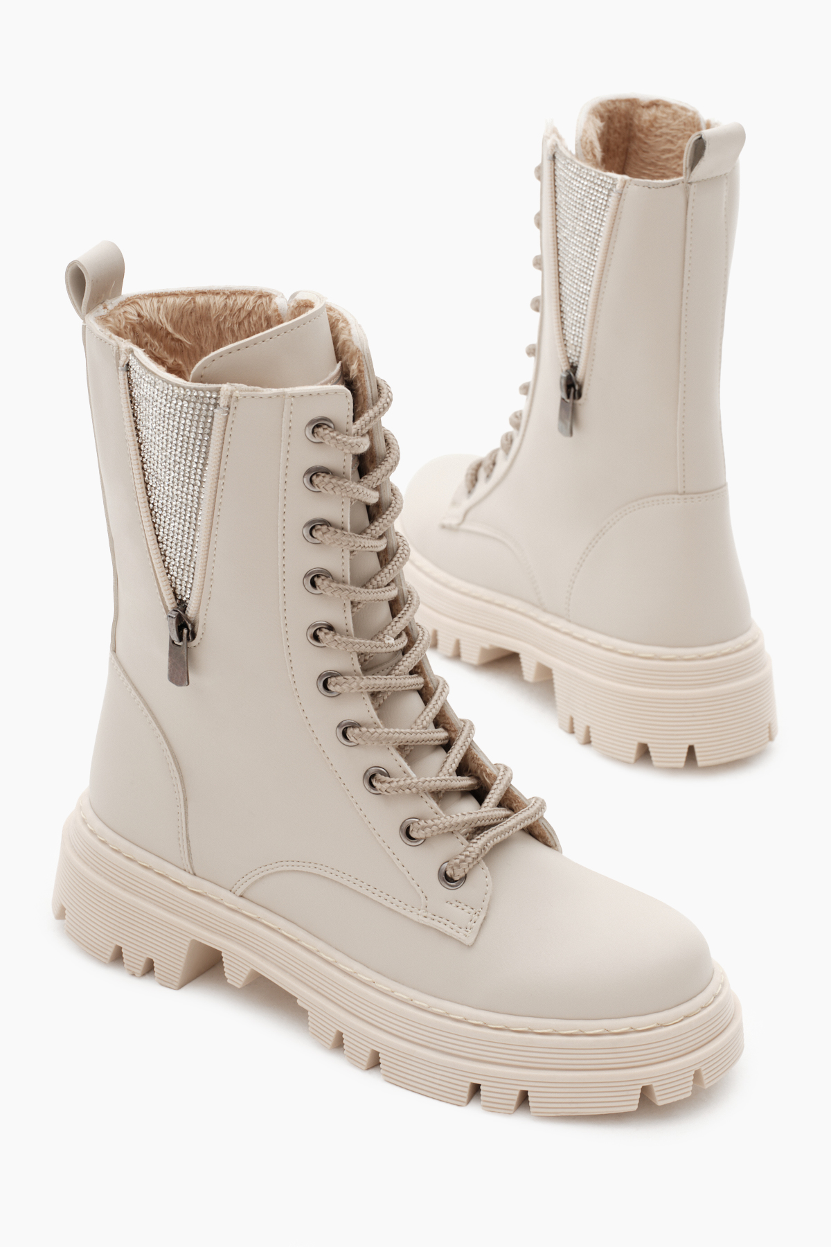 Kadın Bej Cilt Termo Taban Bağcıklı ve Fermuarlı Bot - Görsel 4