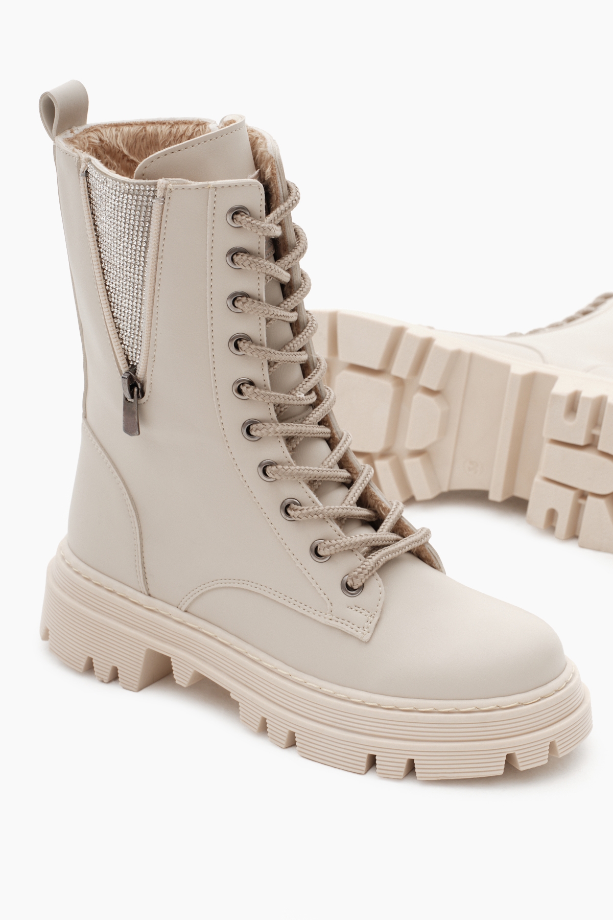 Kadın Bej Cilt Termo Taban Bağcıklı ve Fermuarlı Bot - Görsel 5