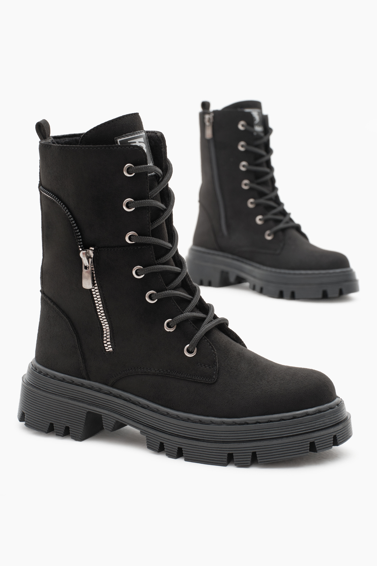 Kadın Siyah Süet Termo Taban Yanı Fermuar Desenli Bağcıklı ve Fermuarlı Bot - Görsel 2