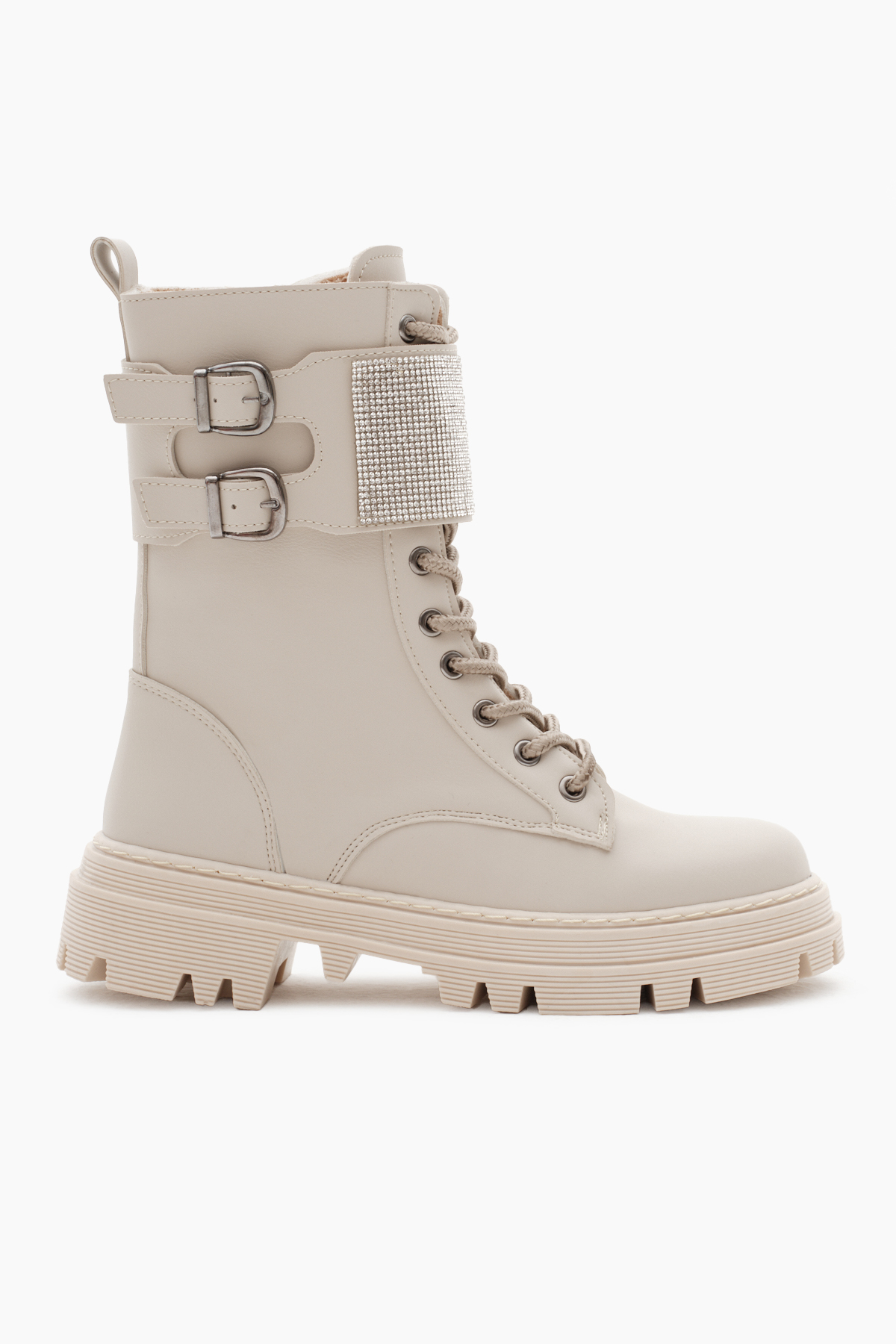 Kadın Bej Cilt Termo Taban Yanı Çift Tokalı Taşlı Cırtlı Bağcıklı ve Fermuarlı Bot - Görsel 3