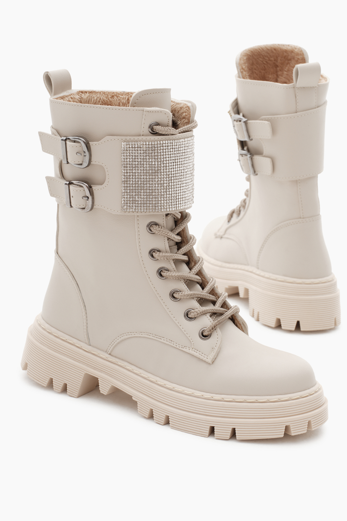 Kadın Bej Cilt Termo Taban Yanı Çift Tokalı Taşlı Cırtlı Bağcıklı ve Fermuarlı Bot - Görsel 4