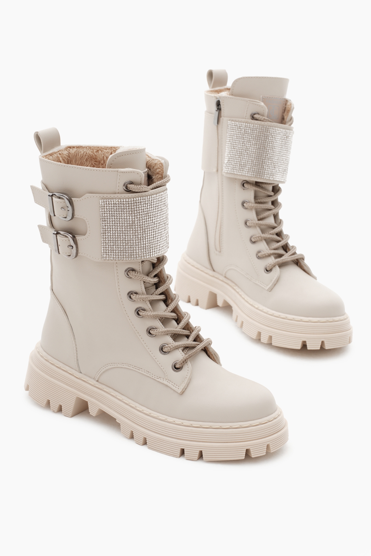 Kadın Bej Cilt Termo Taban Yanı Çift Tokalı Taşlı Cırtlı Bağcıklı ve Fermuarlı Bot - Görsel 5