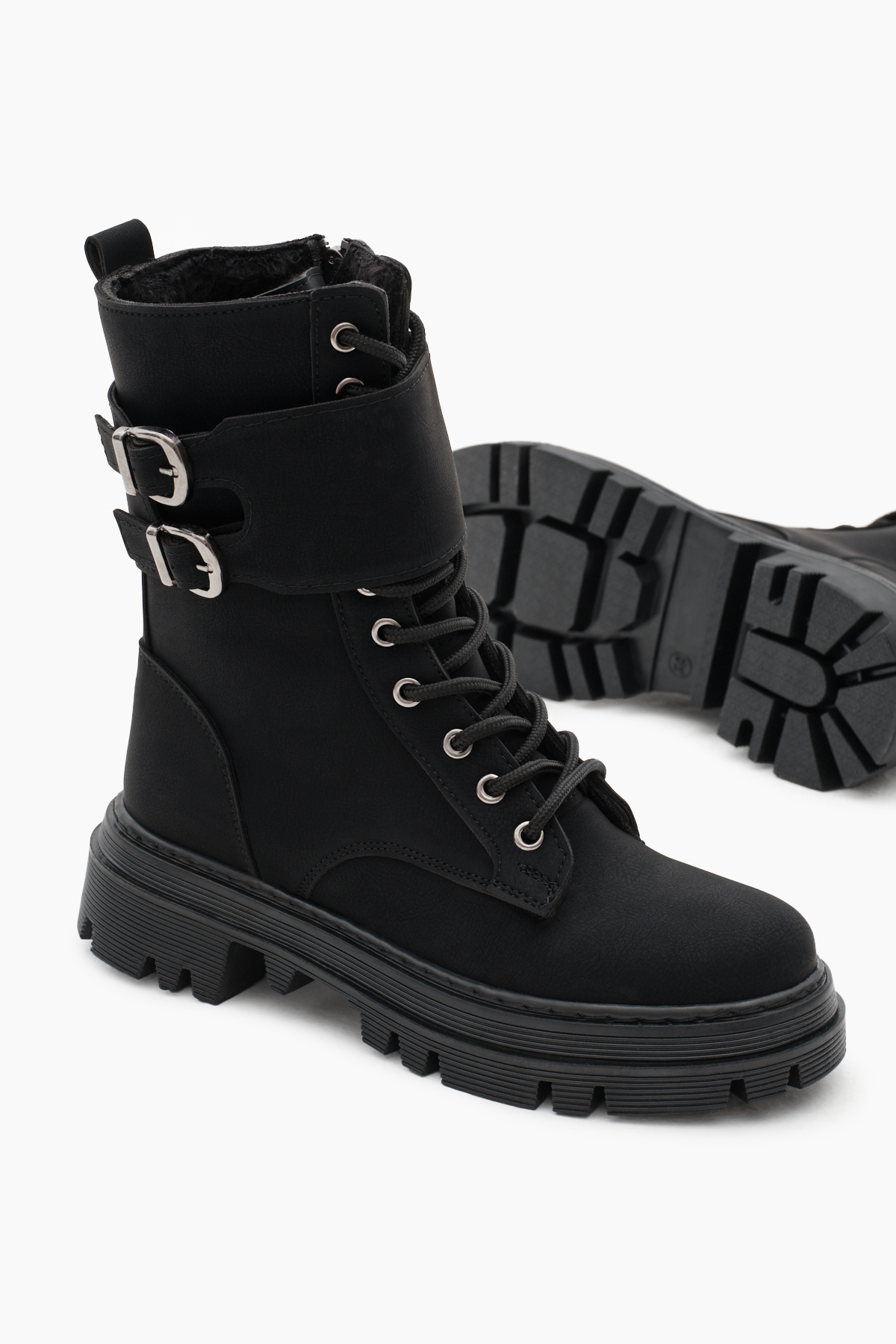 Kadın Siyah Mat Termo Taban Yanı Çift Tokalı Cırtlı Bağcıklı ve Fermuarlı Bot - Görsel 4