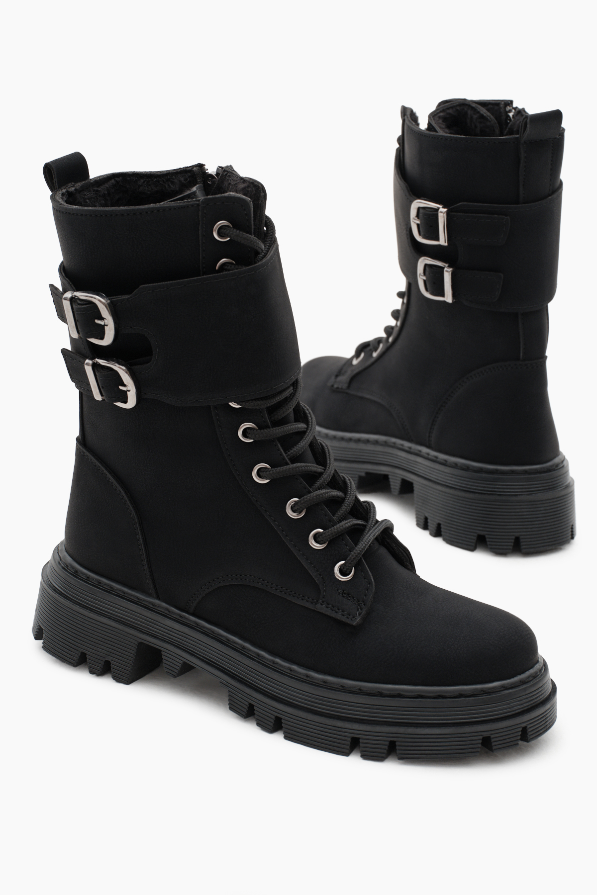 Kadın Siyah Mat Termo Taban Yanı Çift Tokalı Cırtlı Bağcıklı ve Fermuarlı Bot - Görsel 5