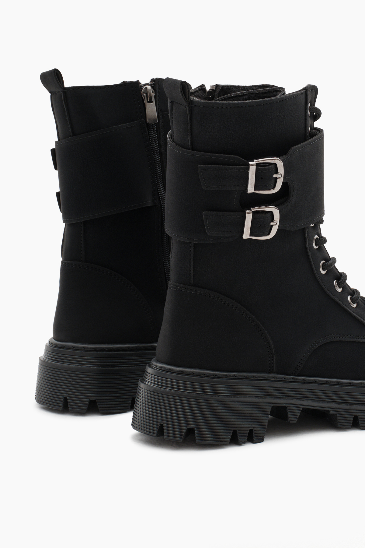 Kadın Siyah Mat Termo Taban Yanı Çift Tokalı Cırtlı Bağcıklı ve Fermuarlı Bot - Görsel 6