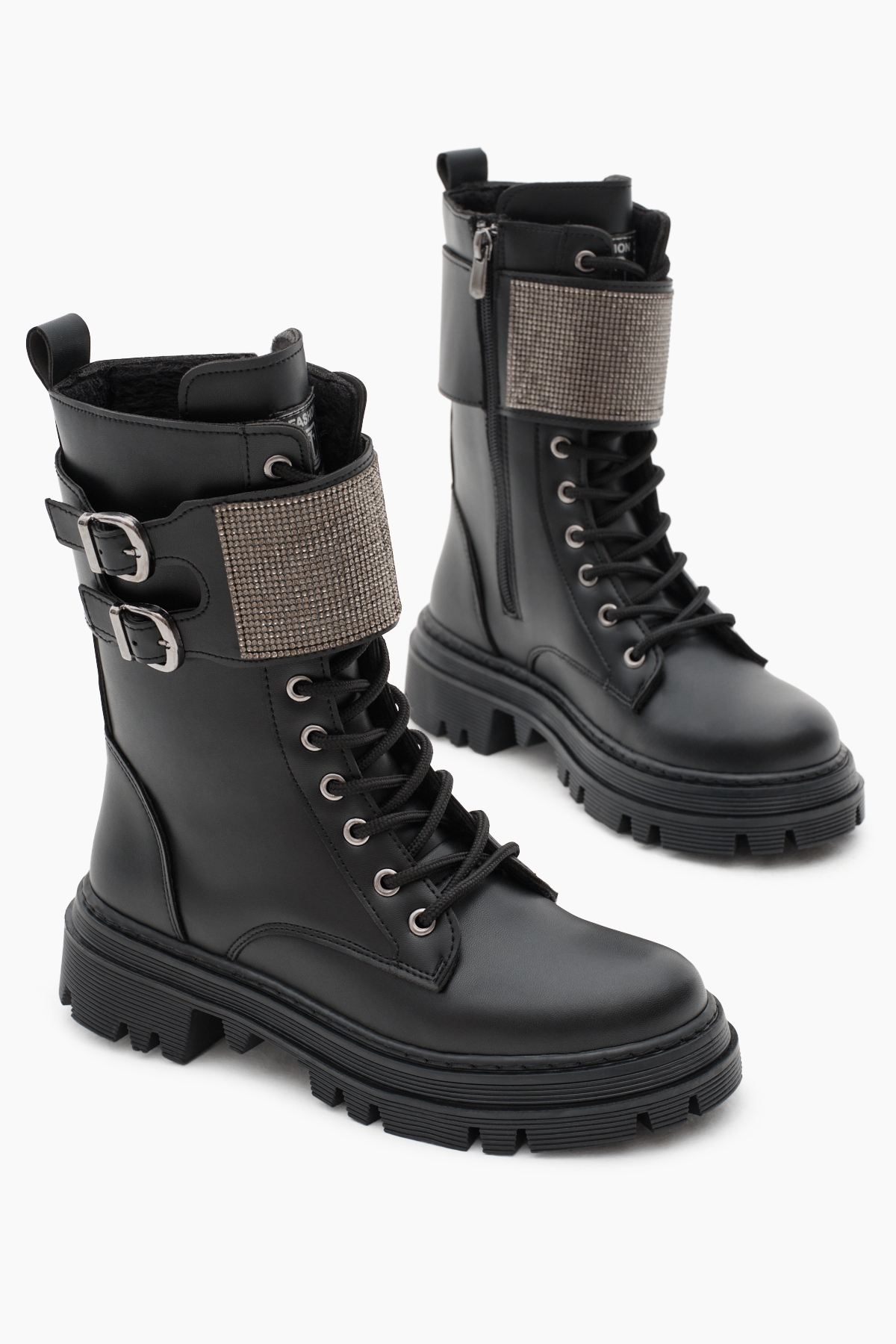 Kadın Siyah Cilt Termo Taban Yanı Çift Tokalı Taşlı Cırtlı Bağcıklı ve Fermuarlı Bot - Görsel 3