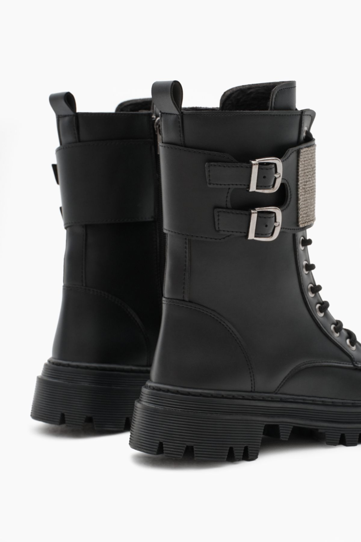 Kadın Siyah Cilt Termo Taban Yanı Çift Tokalı Taşlı Cırtlı Bağcıklı ve Fermuarlı Bot - Görsel 6