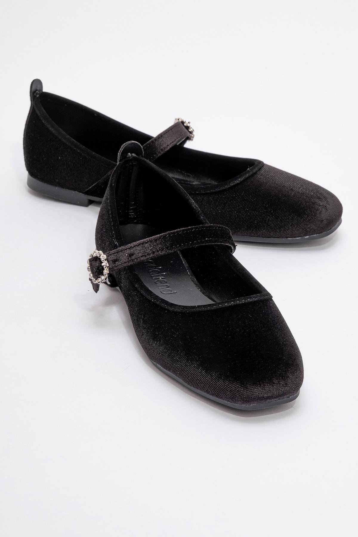 Kadın Kemerli Taşlı Küt Burunlu Babet SİYAH KADİFE - Görsel 3