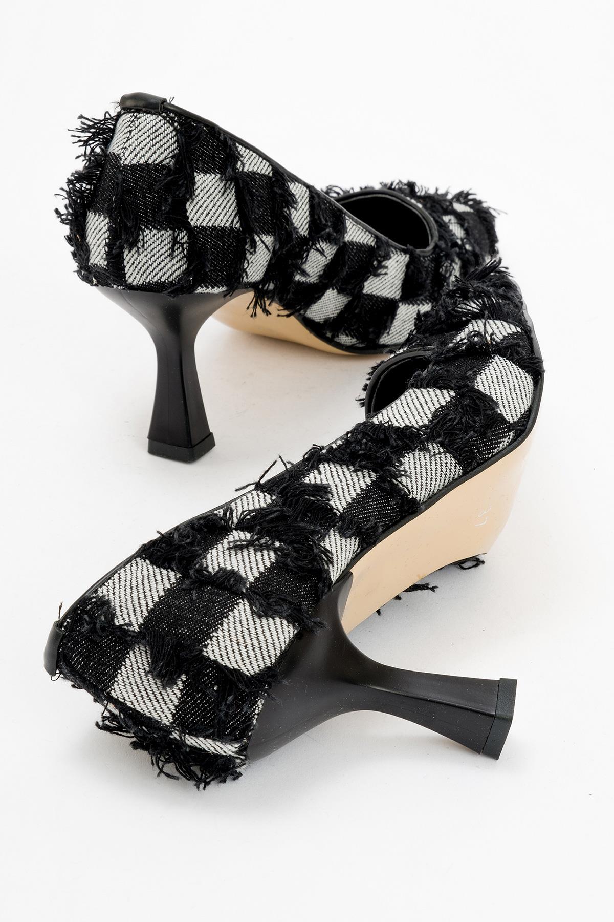 Bilekten Taşlı Kurdeleli Kadın Topuklu Ayakkabı SİYAH KOT - Görsel 5