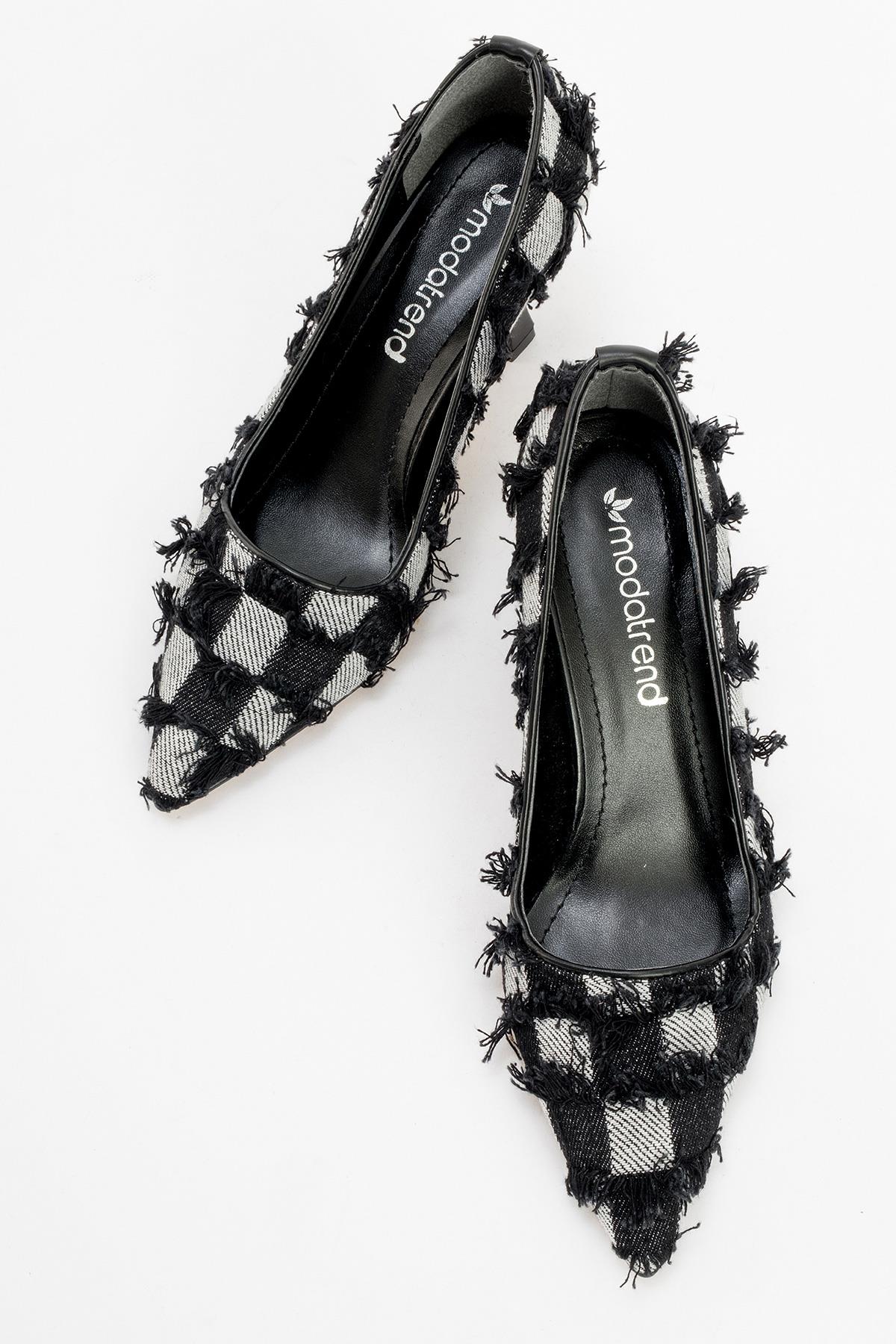 Bilekten Taşlı Kurdeleli Kadın Topuklu Ayakkabı SİYAH KOT - Görsel 6