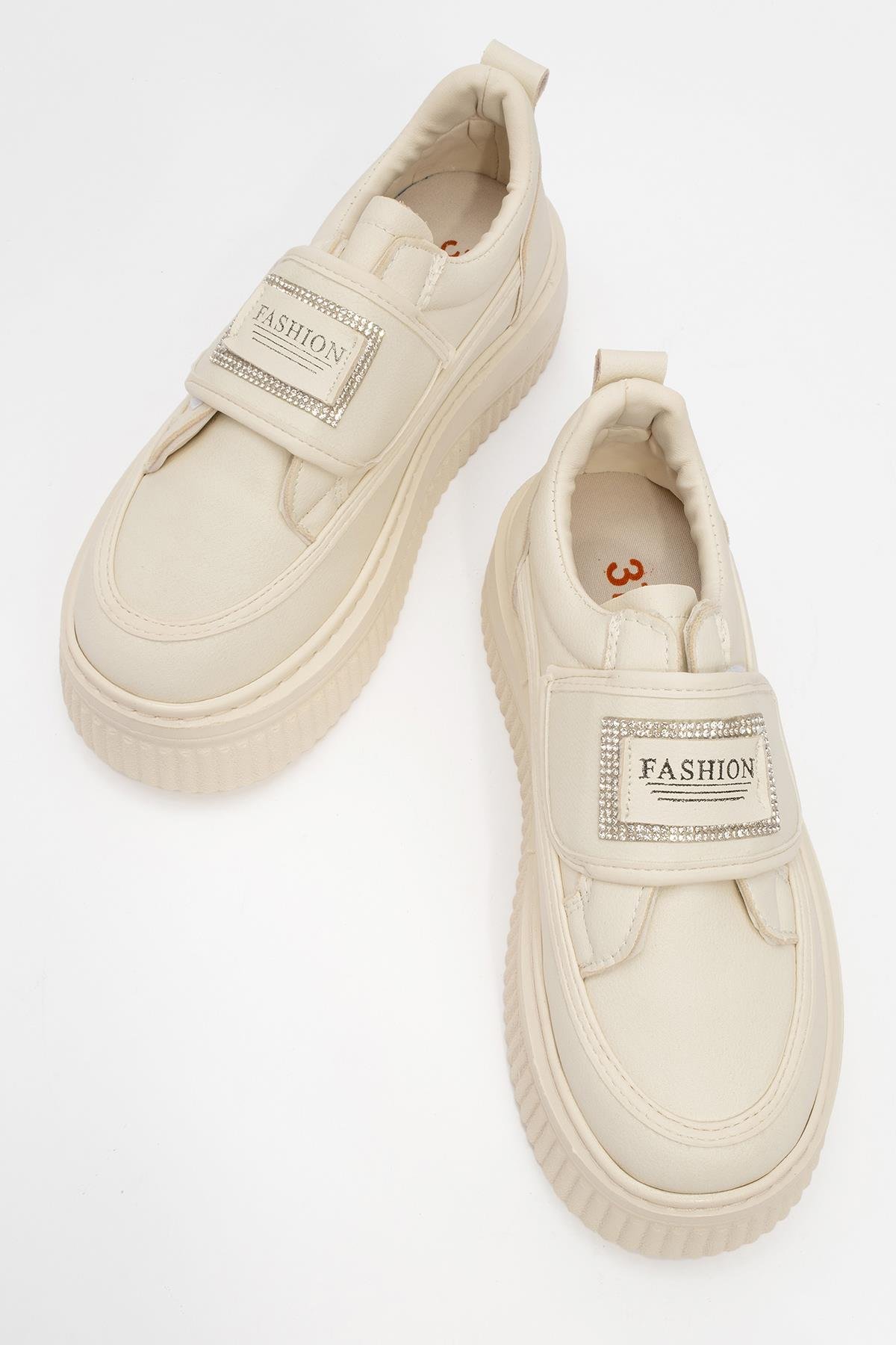 Bağcık Taşlı Kadın Spor Ayakkabı EKRU BEJ - Görsel 6