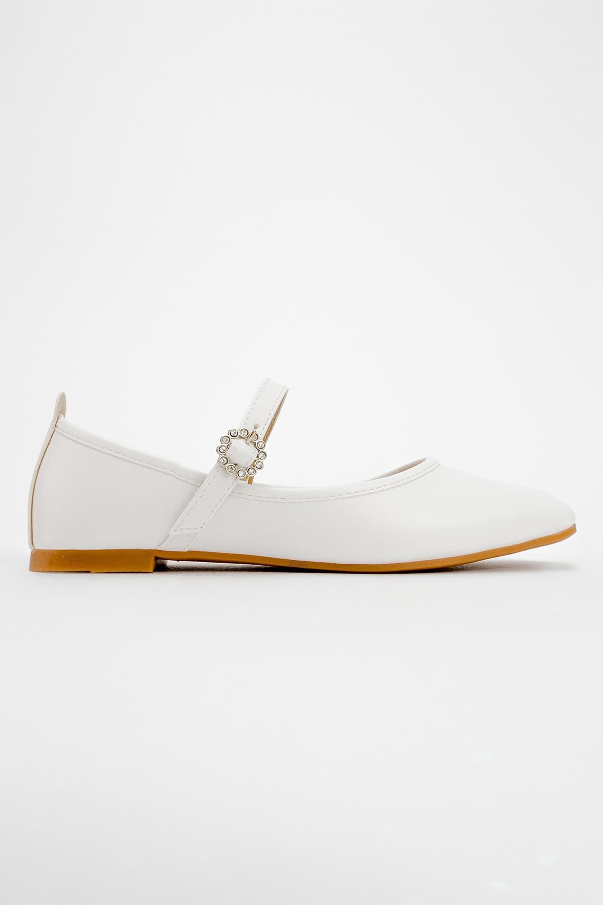 Kadın Kemerli Taşlı Küt Burunlu Babet BEYAZ CİLT - Görsel 3