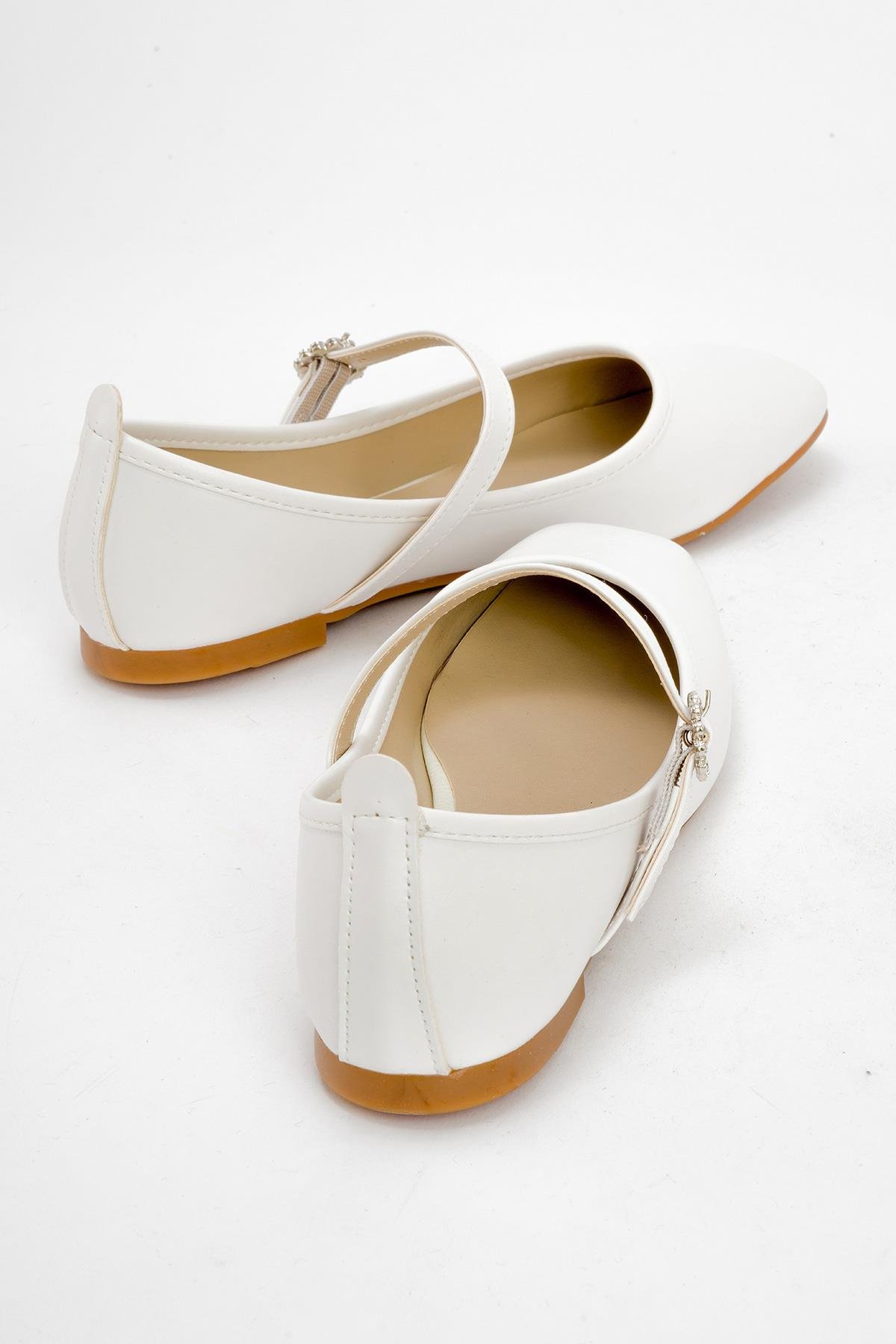 Kadın Kemerli Taşlı Küt Burunlu Babet BEYAZ CİLT - Görsel 5