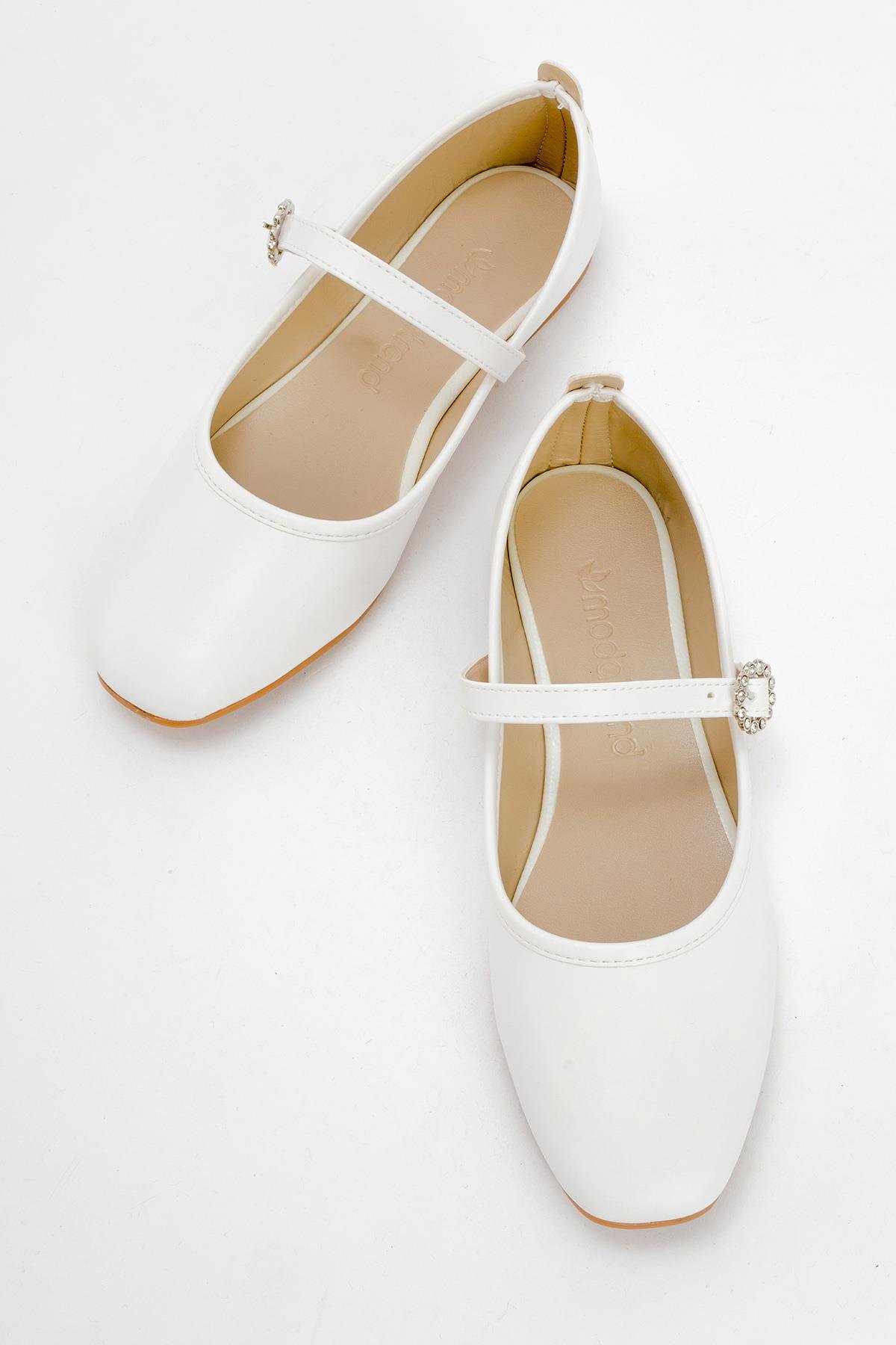 Kadın Kemerli Taşlı Küt Burunlu Babet BEYAZ CİLT - Görsel 6